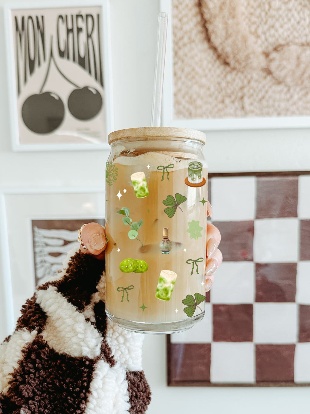 Lux Matcha Babe Glass Tumbler Double Sided & Lid and Straw 12