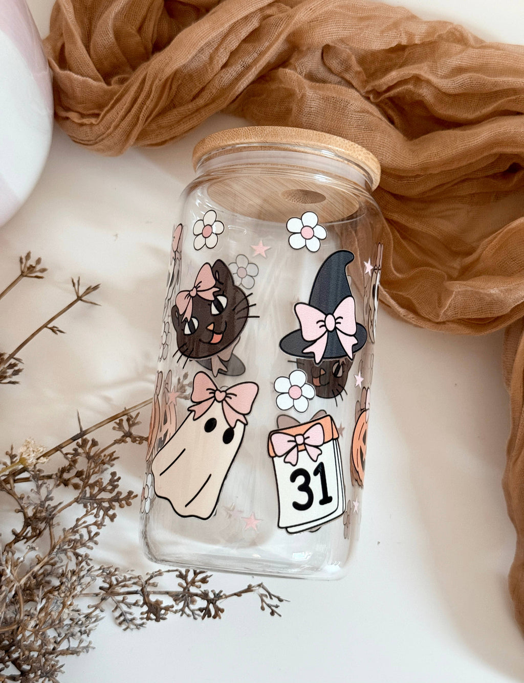 Cat & Ghosts Halloween Glass Cup Double-sided + Lid & Straw 6
