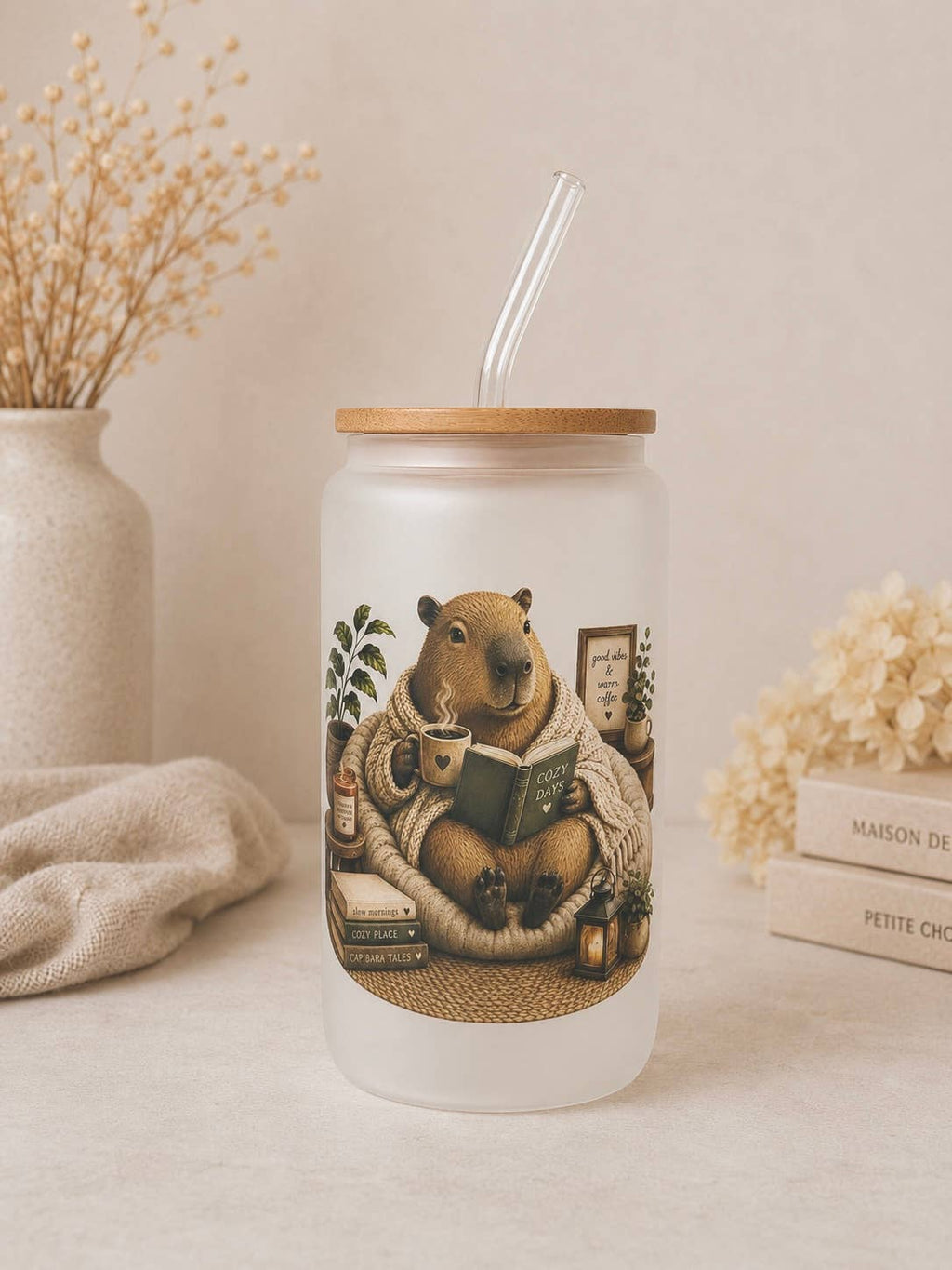 Capybara Cozy Reading Frosted Glass Tumbler Dish. Safe