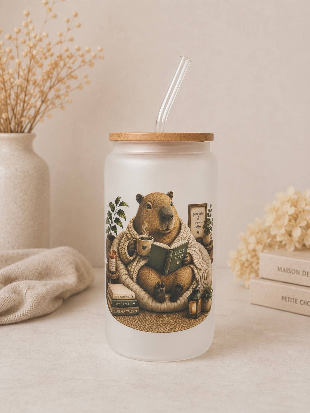 Capybara Cozy Reading Frosted Glass Tumbler Dish. Safe
