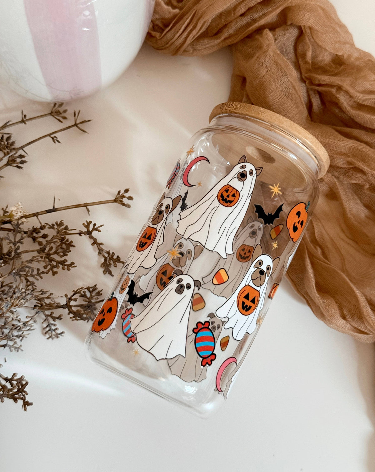 Dog Ghosts Fall Glass Tumbler Double Sided + Lid & Straw 2