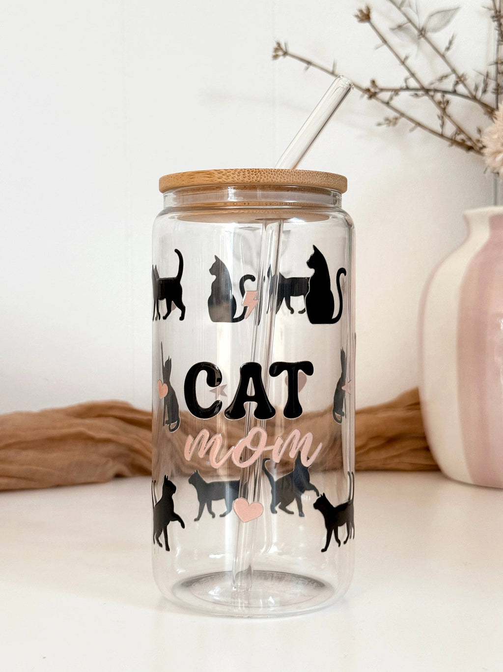 Cat Mom Glass Tumbler with Bamboo Lid & Glass Straw