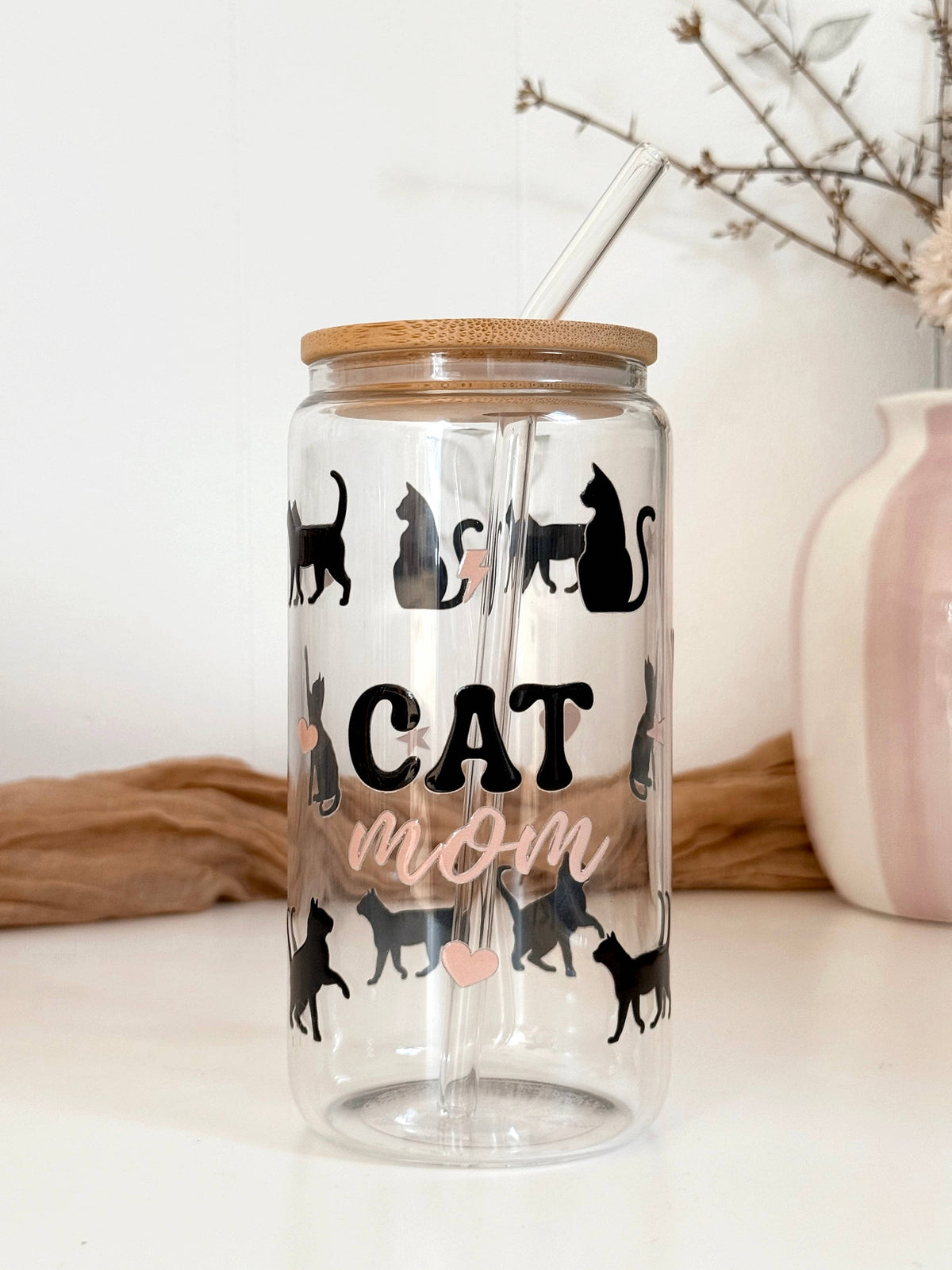 Cat Mom Glass Tumbler with Bamboo Lid & Glass Straw