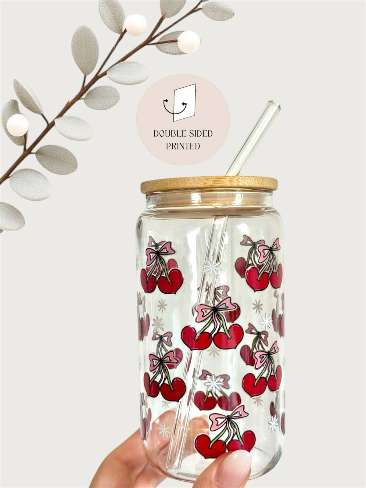 Cherry Bows Glass Tumbler double sided with lid and straw 2
