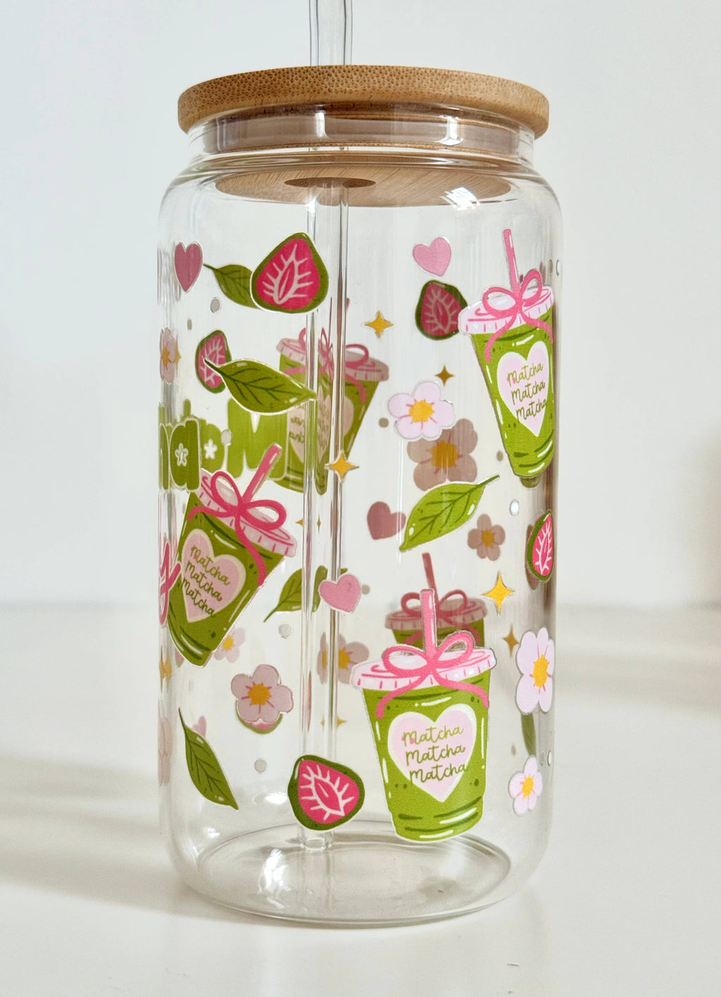 Matcha Girly Glass Tumbler Double Sided Print with Lid and Straw 3