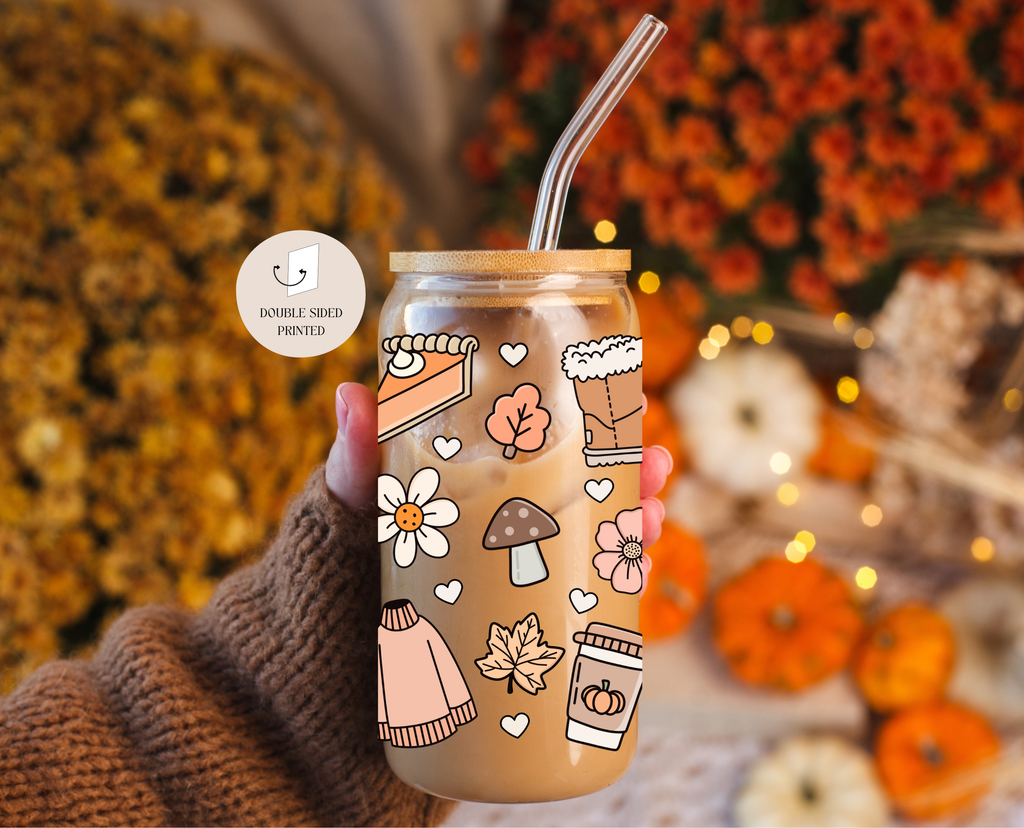 Cozy Autumn Vibes Glass Tumbler Double Sided + Lid & Straw