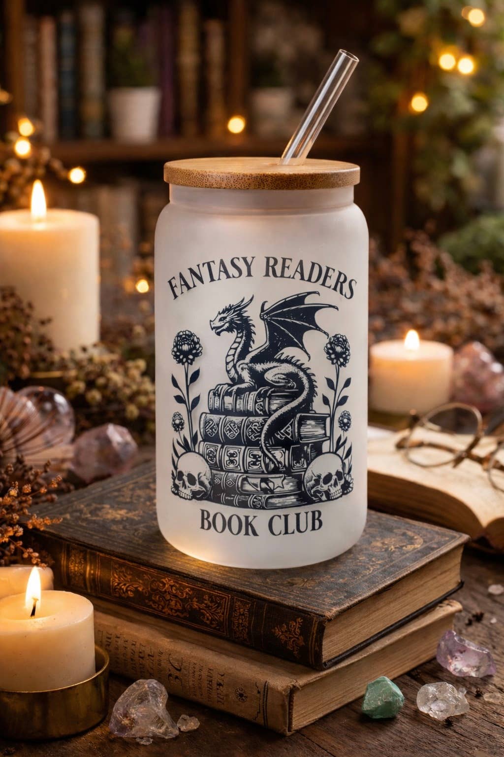 Fantasy Readers 1 Dish.Safe Frosted Glass Cup + Lid & Straw