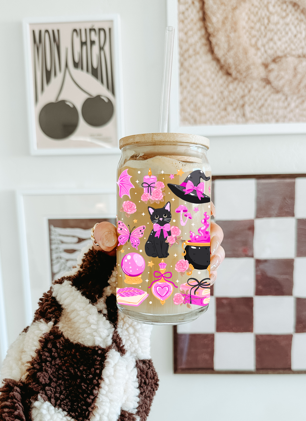 Witchy Cat Glass Tumbler Double Sided Print with Lid and Straw 4