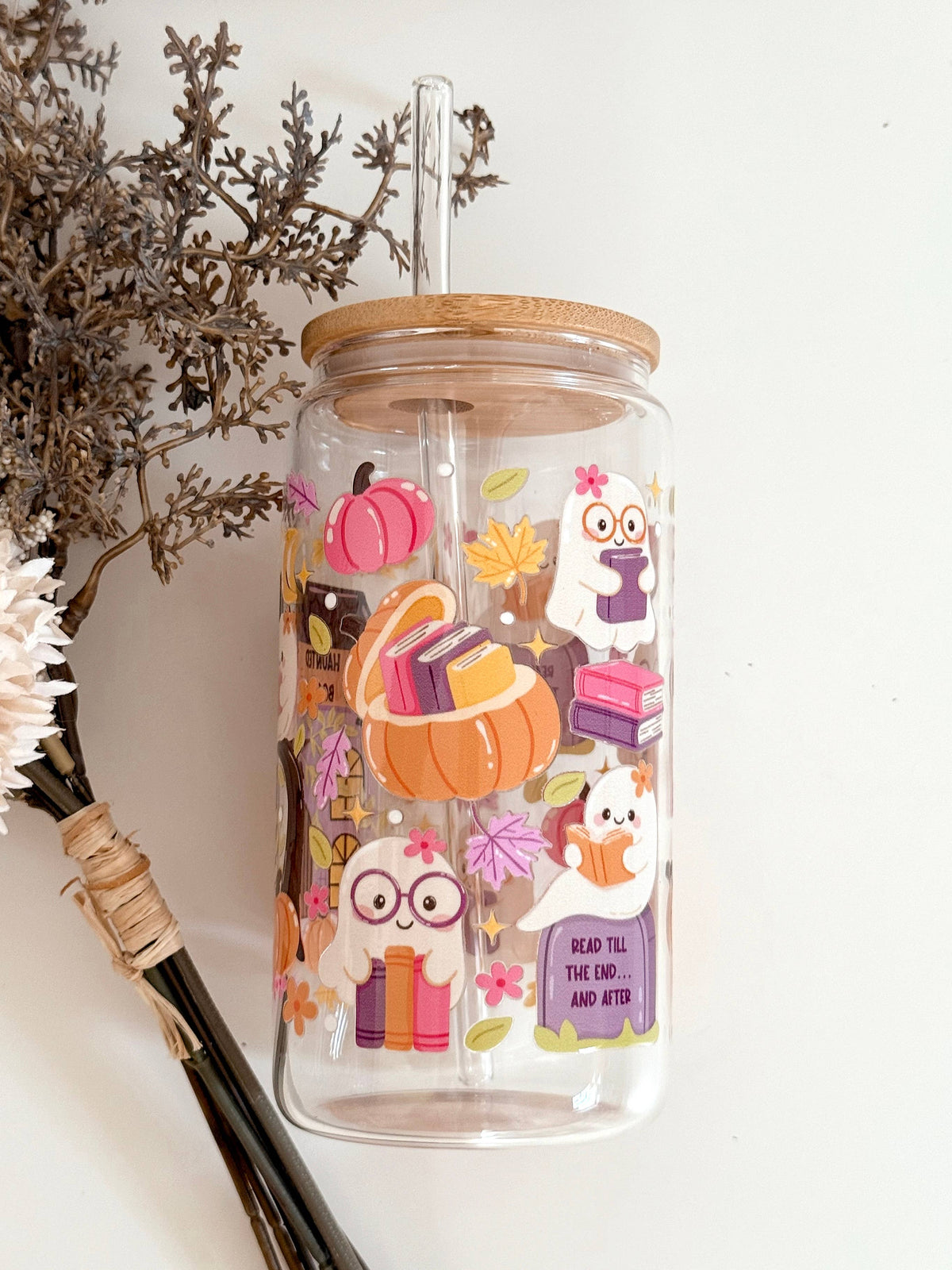 Haunted Books Ghost Glass Tumbler Double Sided + Lid & Straw 5