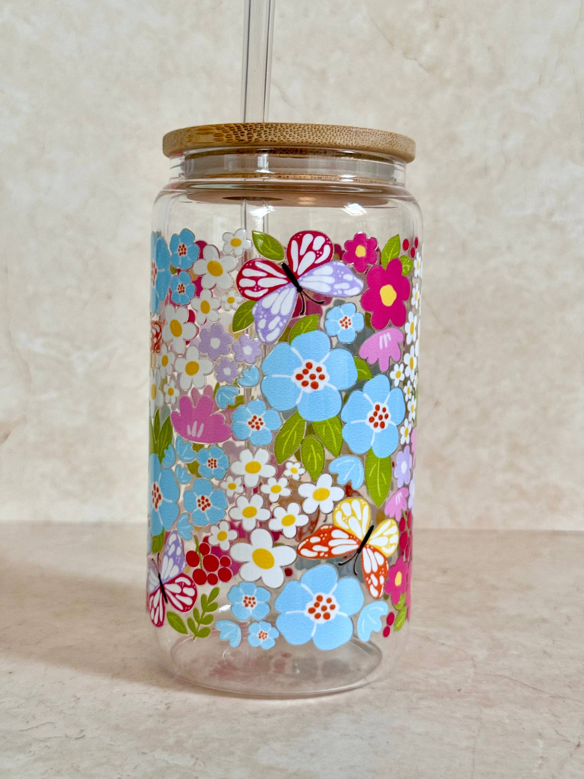 Colorful Garden Glass Tumbler With Bamboo Lid & Glass Straw 4