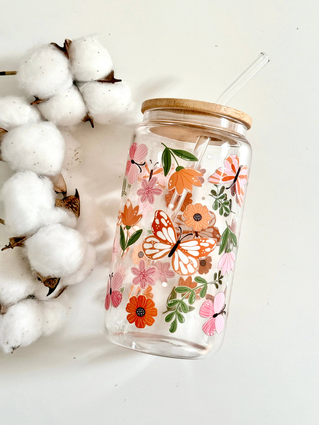 Butterfly Garden Glass Tumbler Double Sided Print with Lid and Straw 2