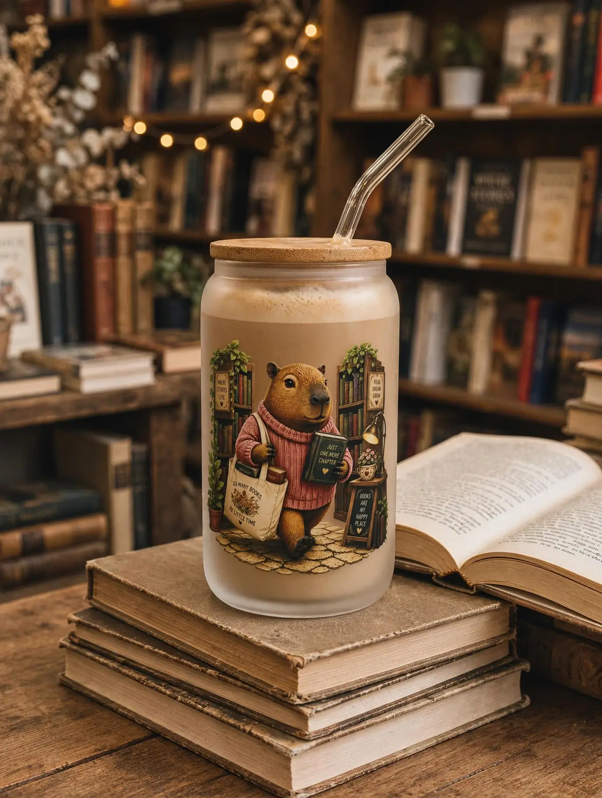 Capybara at the library Frosted Glass Tumbler Dishw. Safe 3