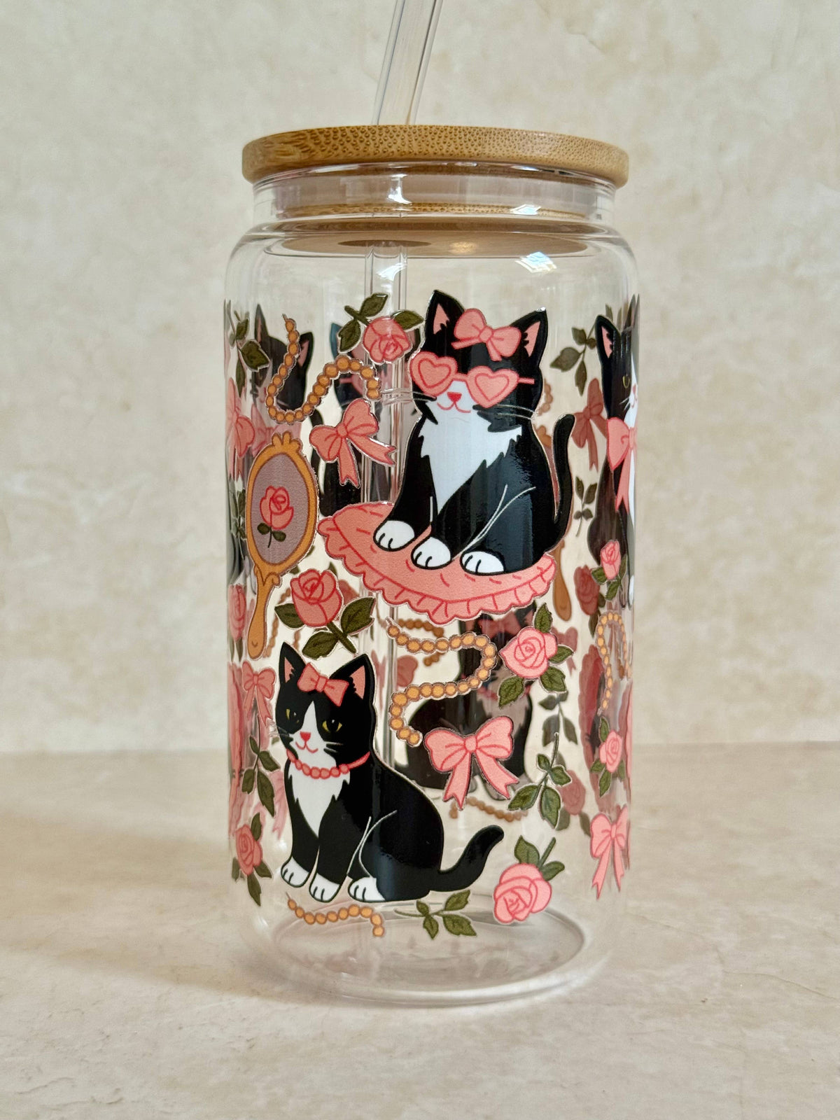 Preppy Cat Glass Tumbler with Bamboo Lid & Glass Straw 5