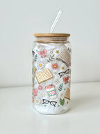 Bookish Floral Double Sided Glass Tumbler with Lid and Straw 2