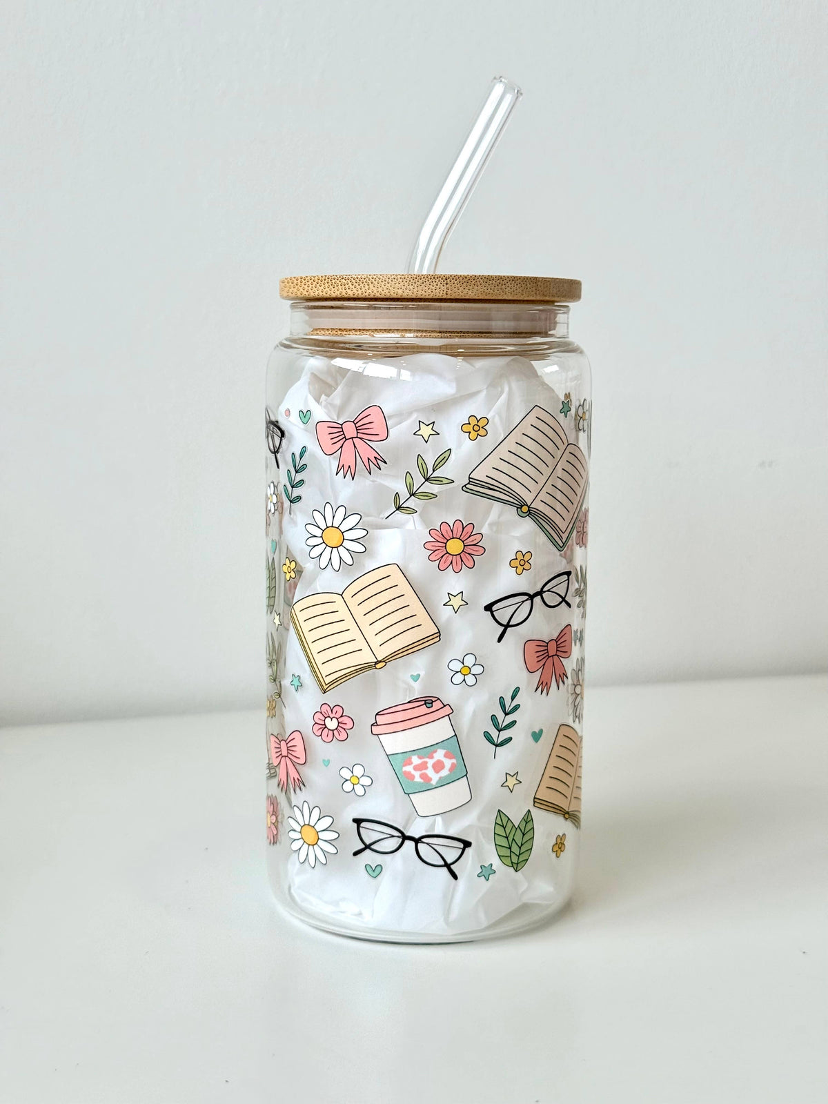 Bookish Floral Double Sided Glass Tumbler with Lid and Straw 2