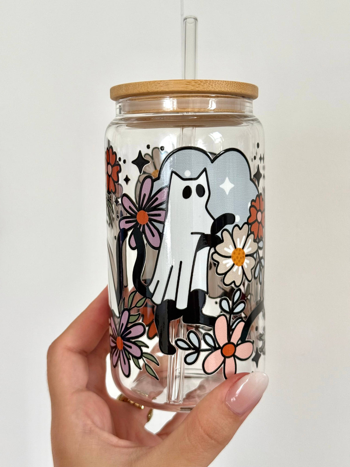 Floral Cat Ghosts Halloween Glass Tumbler Lid & Straw / Fall 4