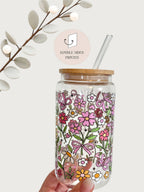 Flowers Outlined Glass Tumbler with Bamboo Lid & Glass Straw 2