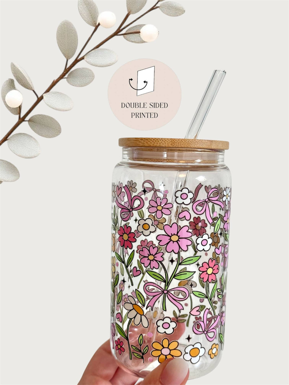 Flowers Outlined Glass Tumbler with Bamboo Lid & Glass Straw 2
