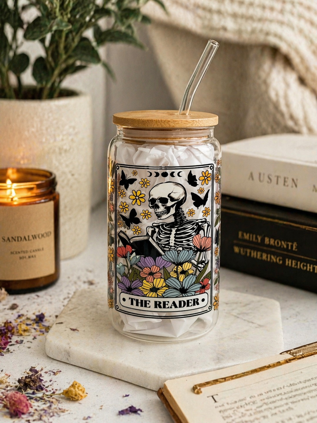 THE READER Double Sided Glass Tumbler + Bamboo Lid & Straw