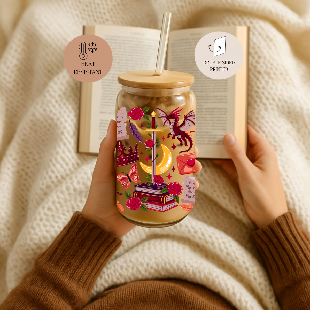 Romantasy Books Double Sided Glass Tumbler with Lid & Straw 5