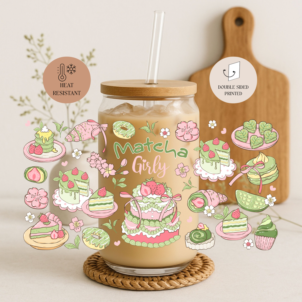 Matcha Girly 2 Double Sided Glass Tumbler with Lid and Straw 2