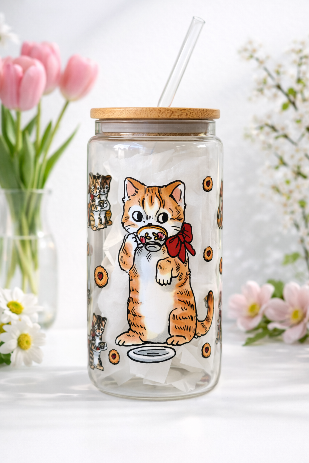 Cat Tea Party3 Double Side Print Glass Tumbler + Lid & Straw