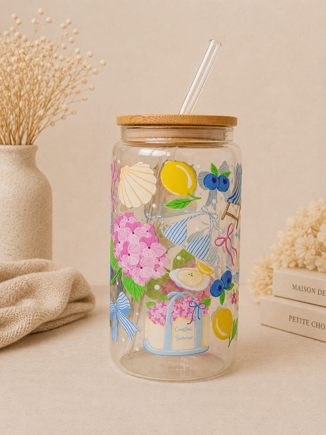 Coastal Summer Double Side Print Glass Tumbler + Lid & Straw