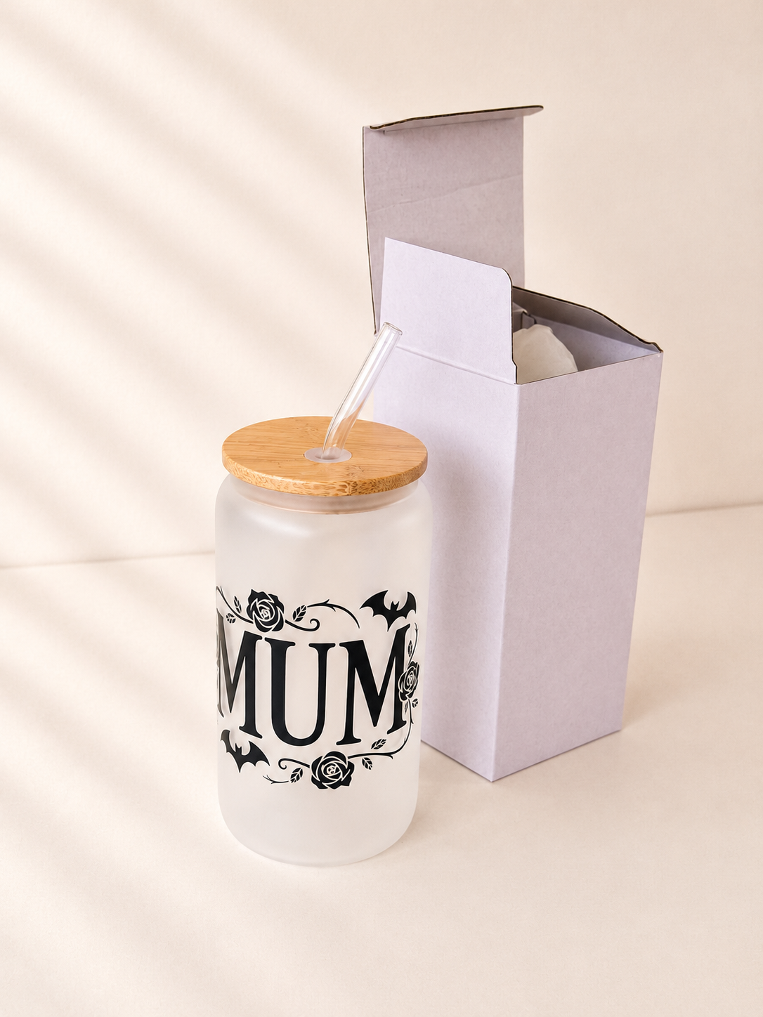 MUM (bats) Frosted Glass Tumbler + Lid & Straw, Dishw.Safe 2