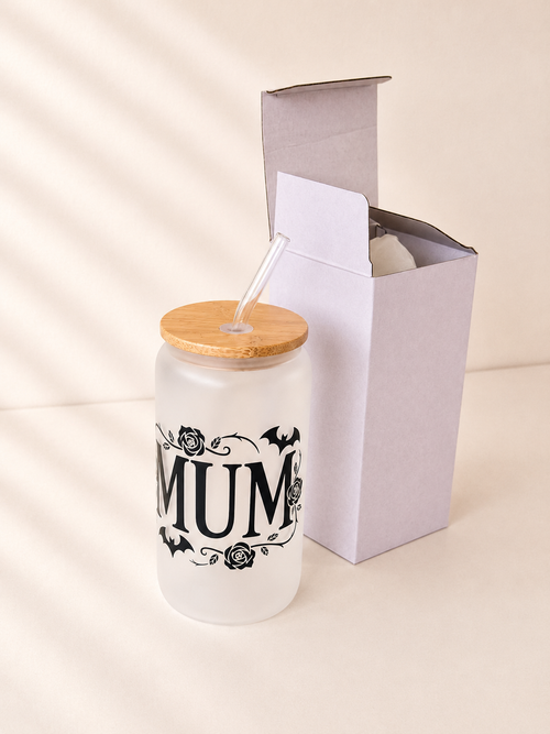 MUM (bats) Frosted Glass Tumbler + Lid & Straw, Dishw.Safe 2