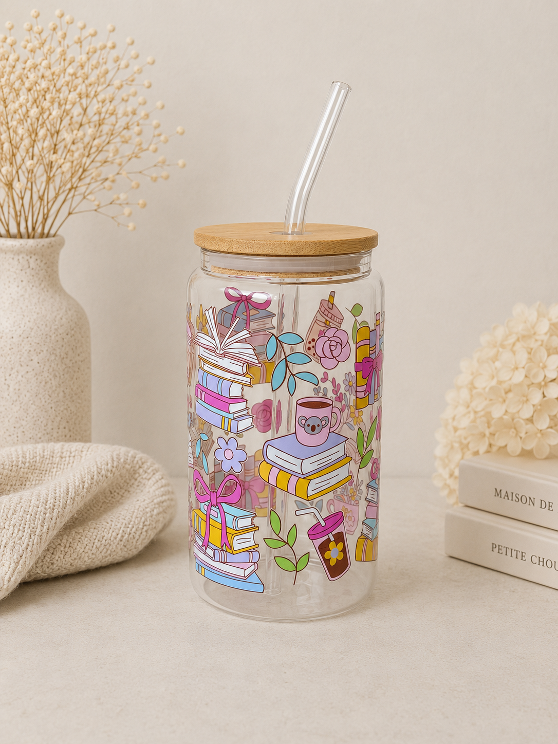 Summer Books Glass Tumbler with Lid and Straw, Double Sided