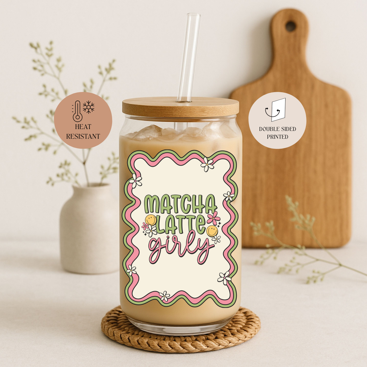 Matcha Latte Girly Glass Tumbler with Bamboo Lid & Straw