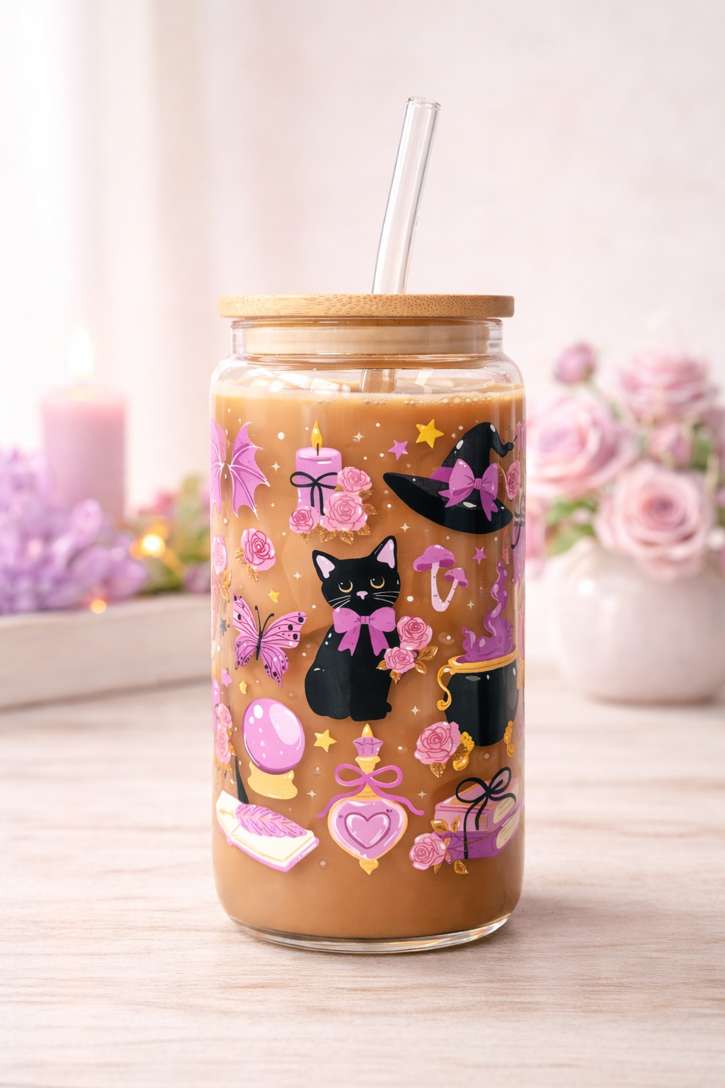 Witchy Cat Glass Tumbler Double Sided Print with Lid and Straw 3