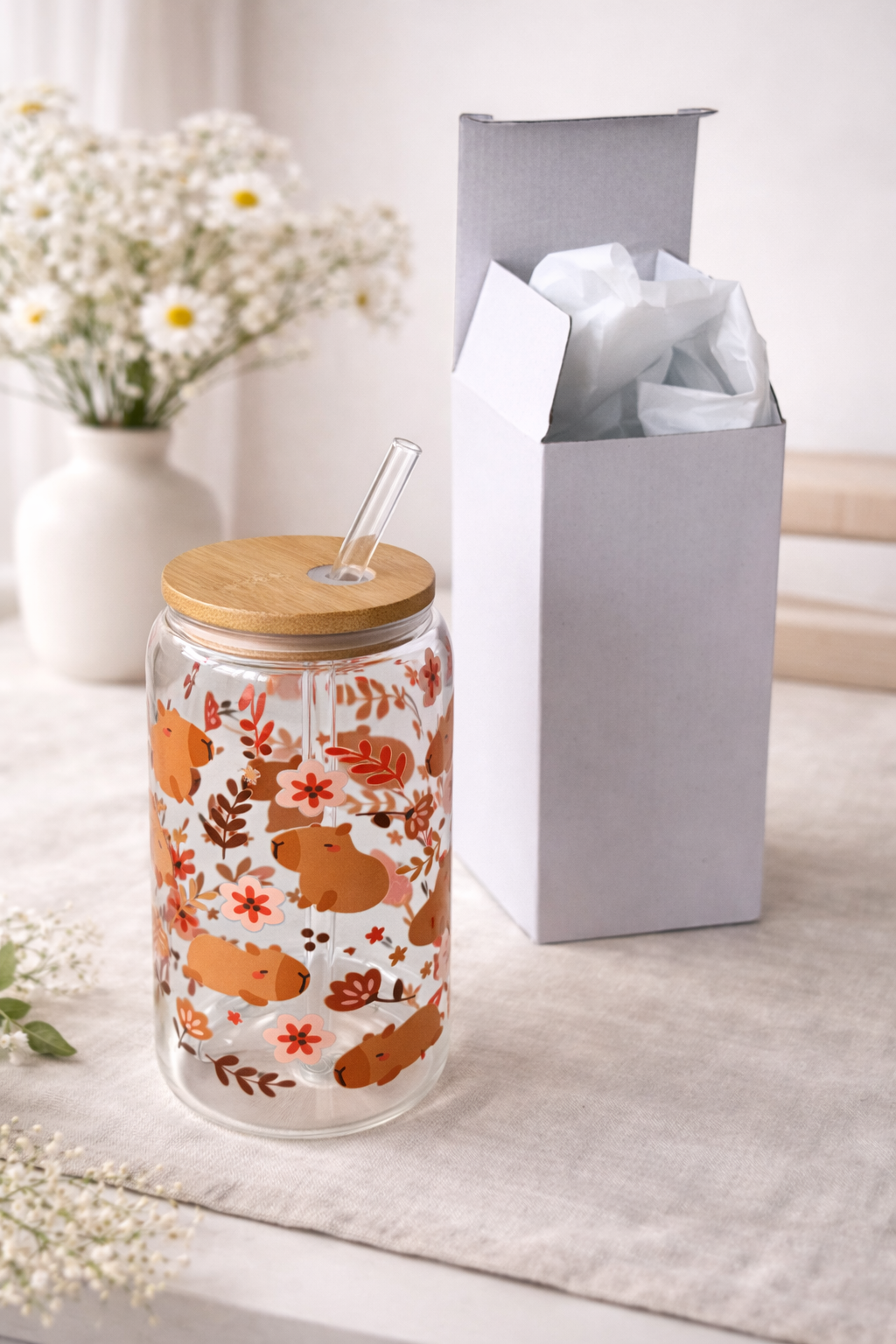 Capybara Blossom Double Sided Glass Tumbler with Lid & Straw 2