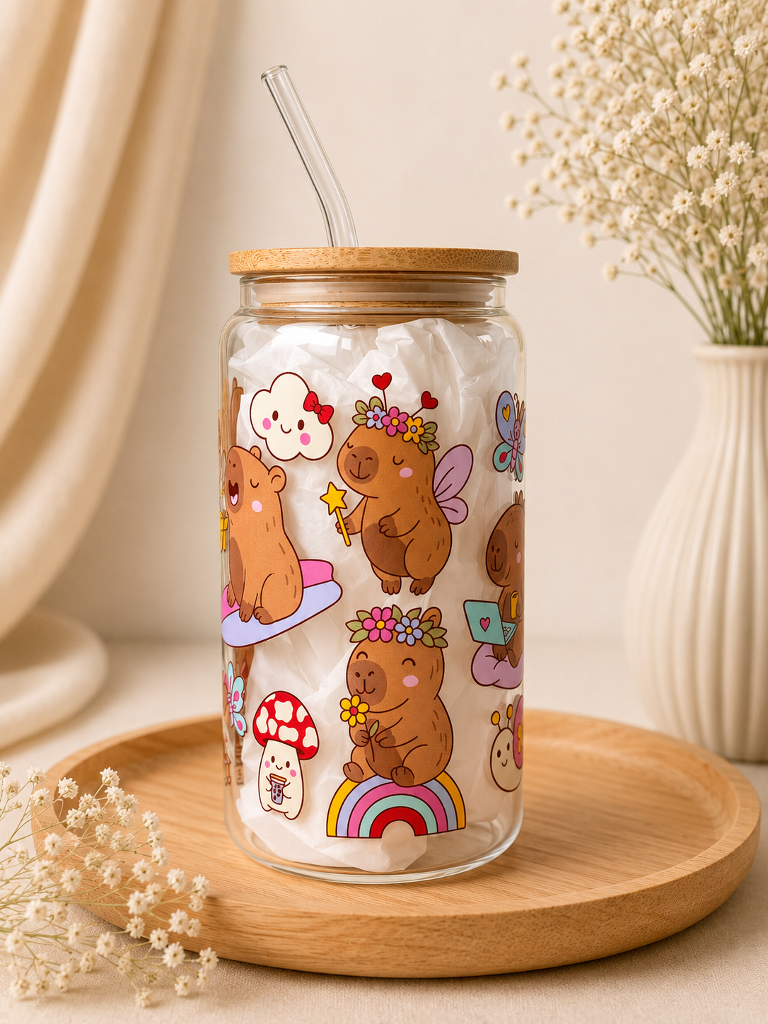Fairy Capybaras Double Sided Glass Tumbler + Lid & Straw