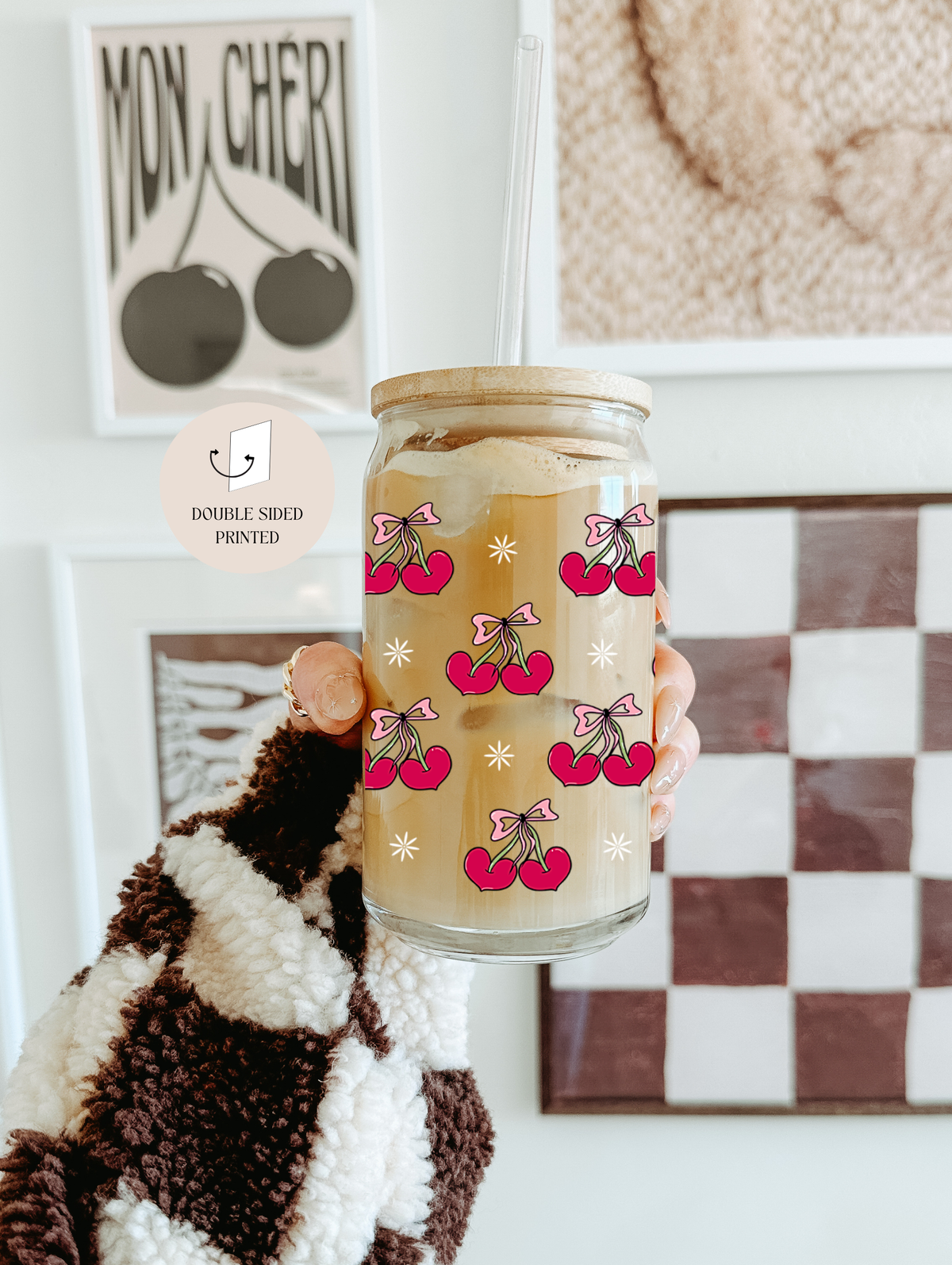 Cherry Bows Glass Tumbler double sided with lid and straw