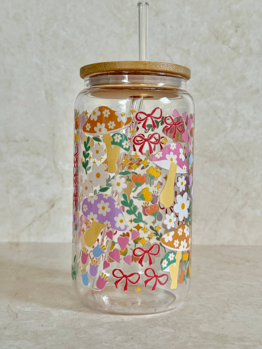 Mushroom Bow Garden Glass Tumbler With Bamboo Lid & Straw 4