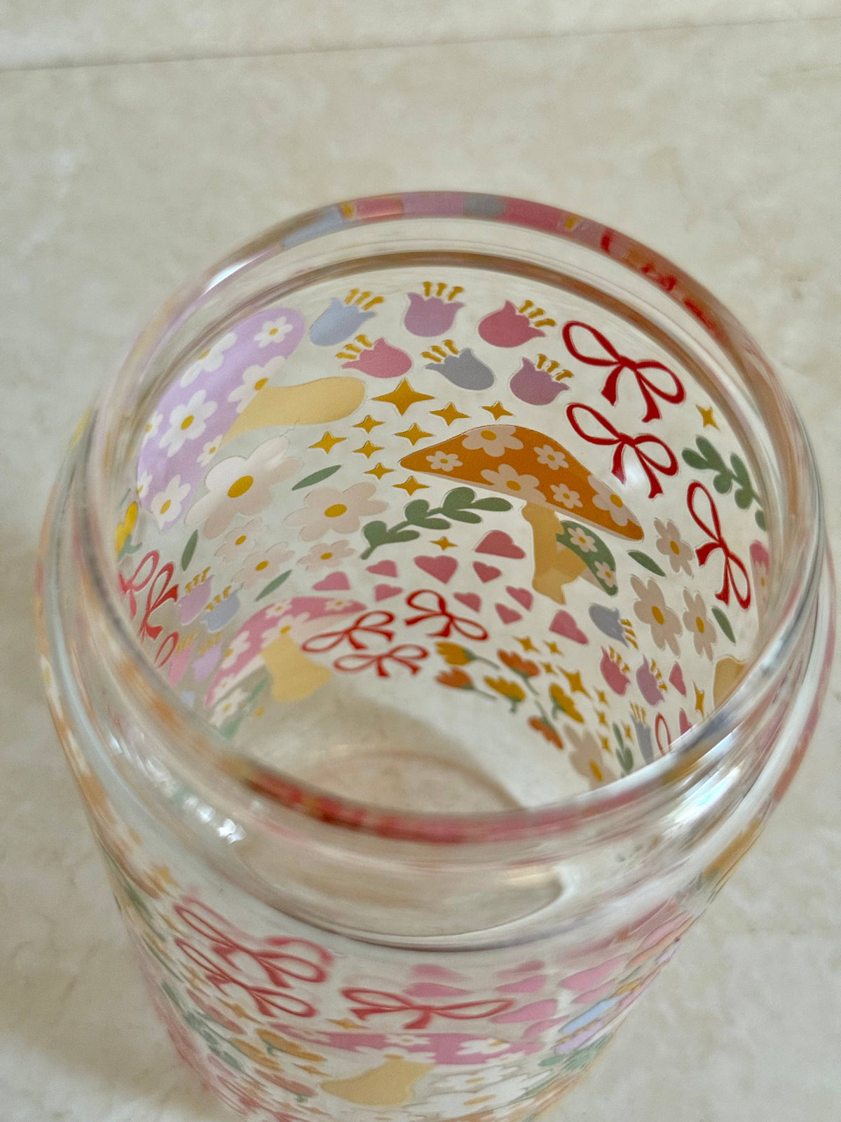 Mushroom Bow Garden Glass Tumbler With Bamboo Lid & Straw 3
