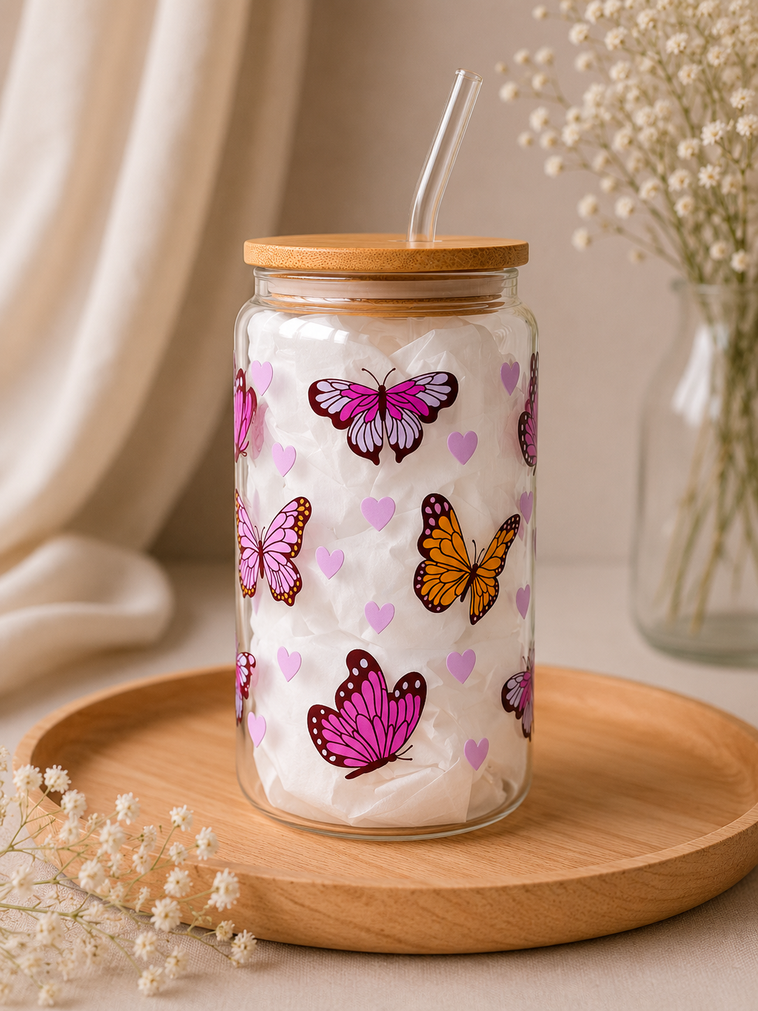 Beauty Butterflies Double Sided Glass Tumbler + Lid & Straw
