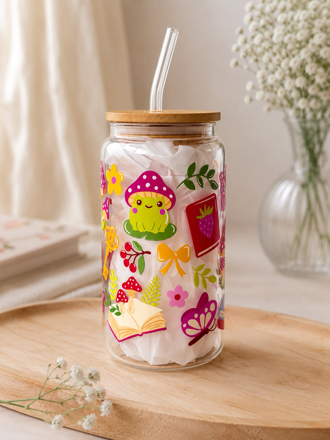 Fairy Garden Double Sided Glass Tumbler with Lid and Straw