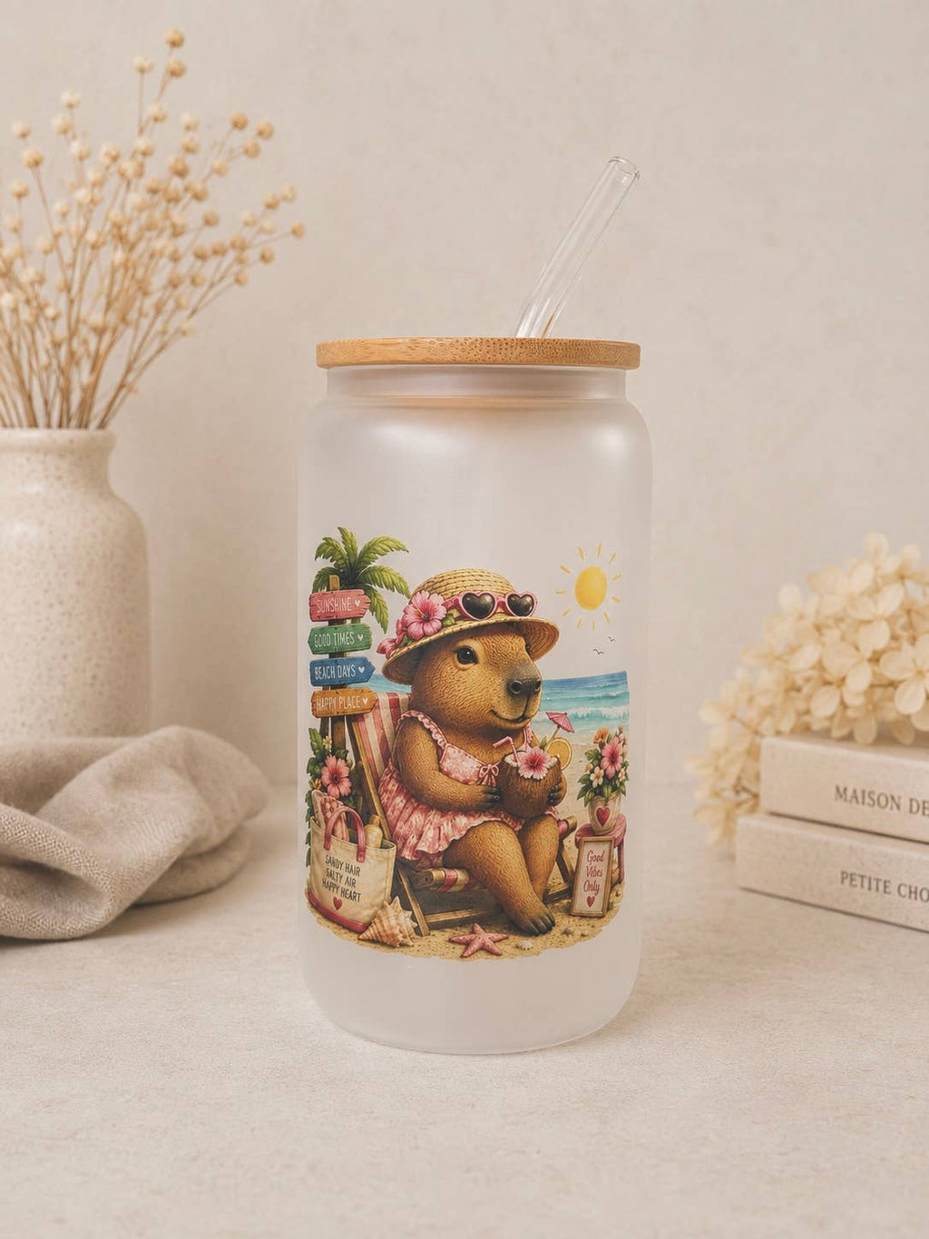 Capybara at the beach Frosted Glass Tumbler Dish. Safe