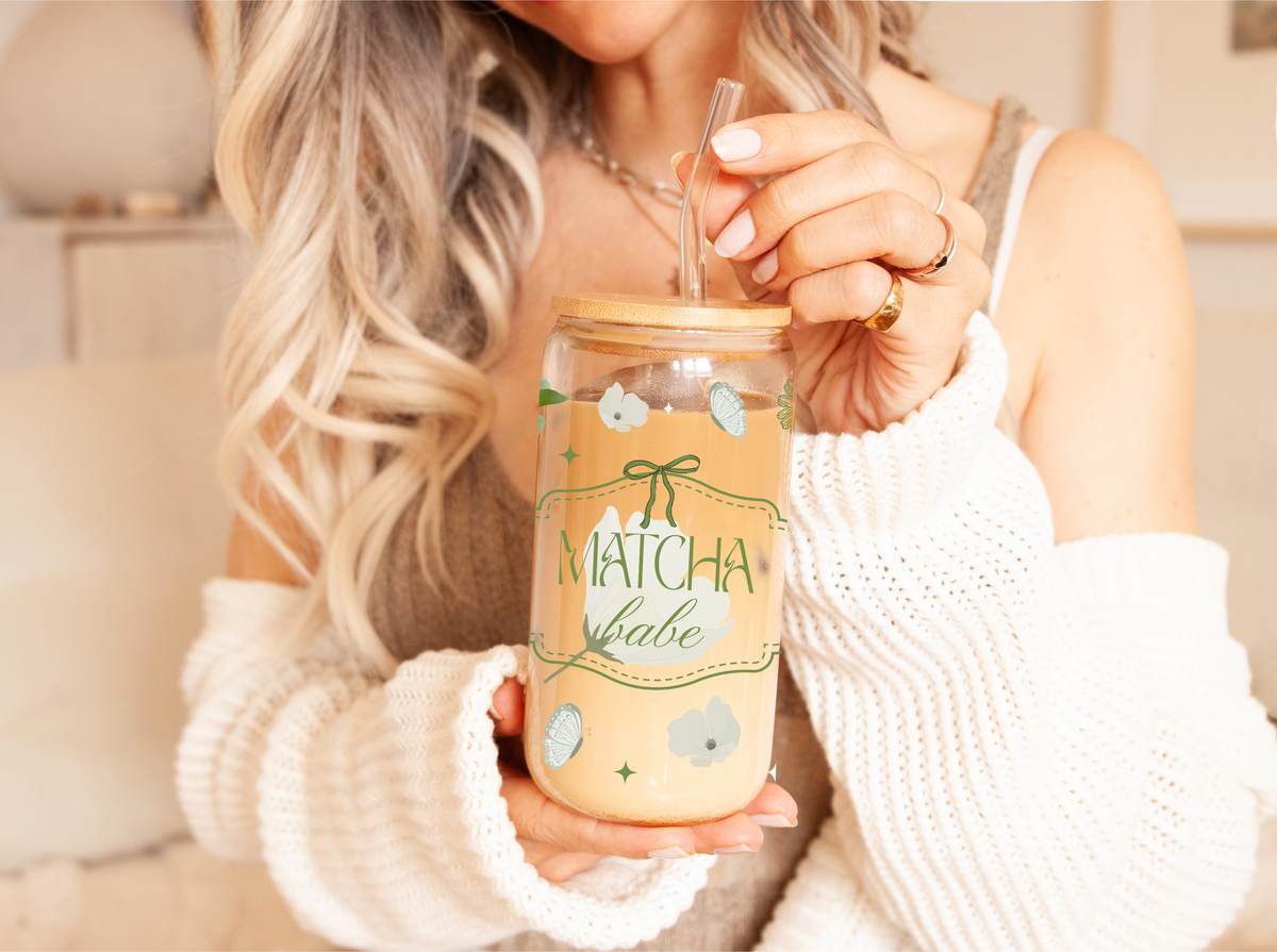 Lux Matcha Babe Glass Tumbler Double Sided & Lid and Straw 8