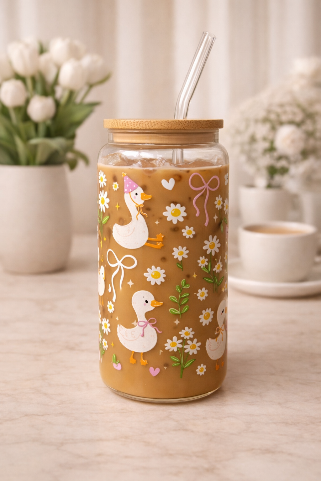 Duck Party Double Sided Glass Tumbler with Lid and Straw