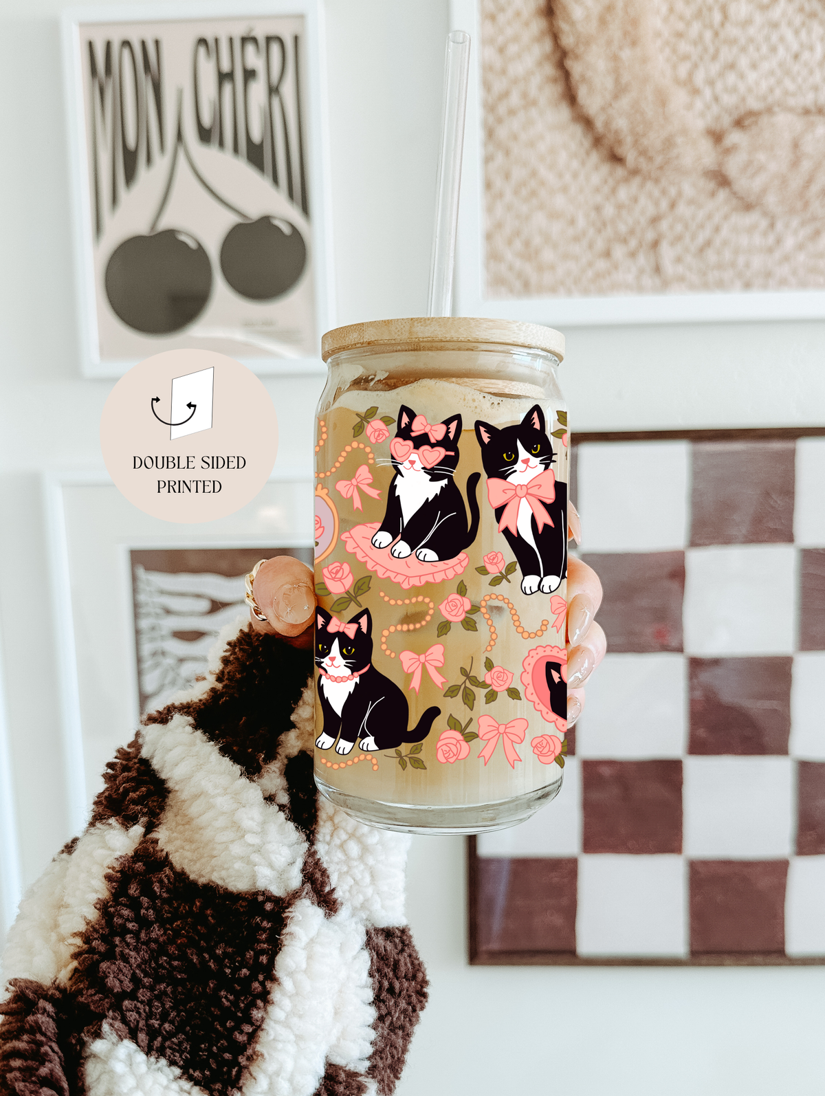 Preppy Cat Glass Tumbler with Bamboo Lid & Glass Straw