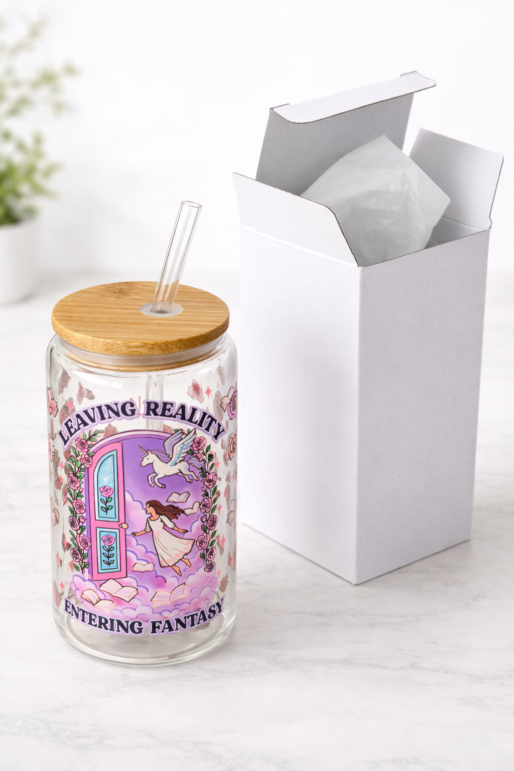 Leaving Reality Entering Fantasy Glass Cup with Lid & Straw 2
