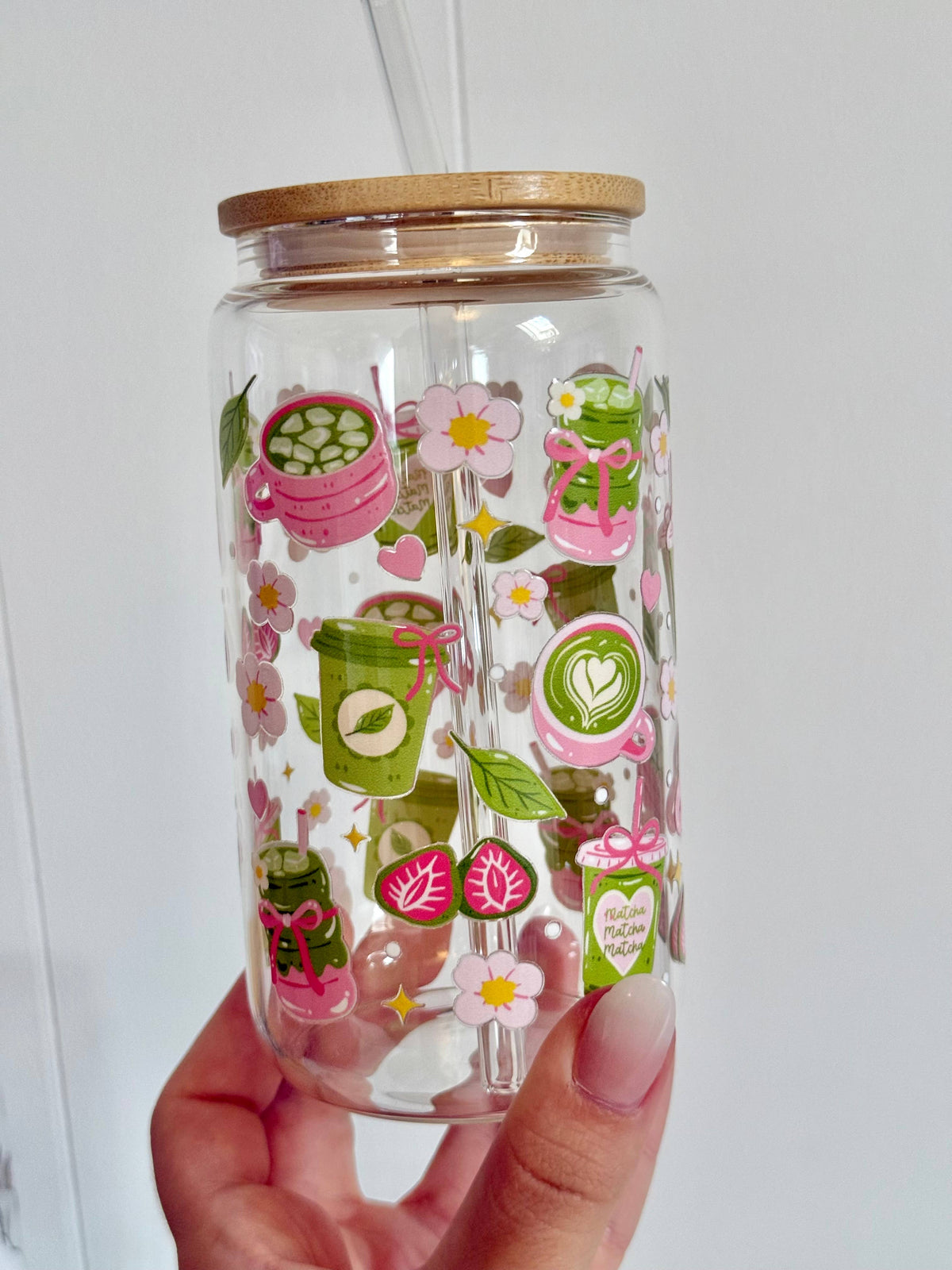 Matcha Pink 2 Options Double Sided Glass Cup + Lid & Straw 6