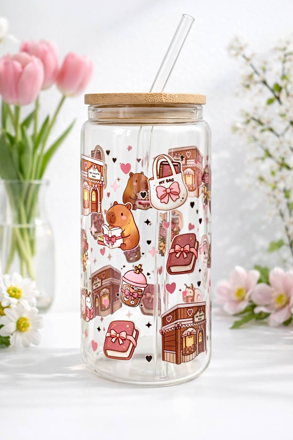 Charming Capybara Double Sided Glass Tumbler + Lid & Straw