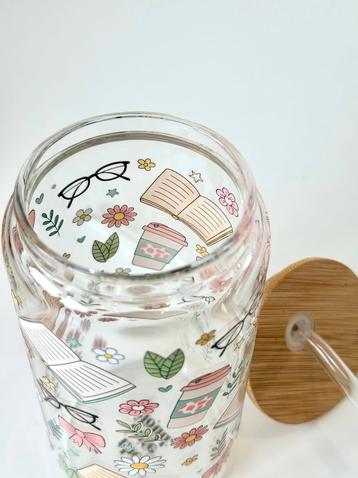 Bookish Floral Double Sided Glass Tumbler with Lid and Straw 3