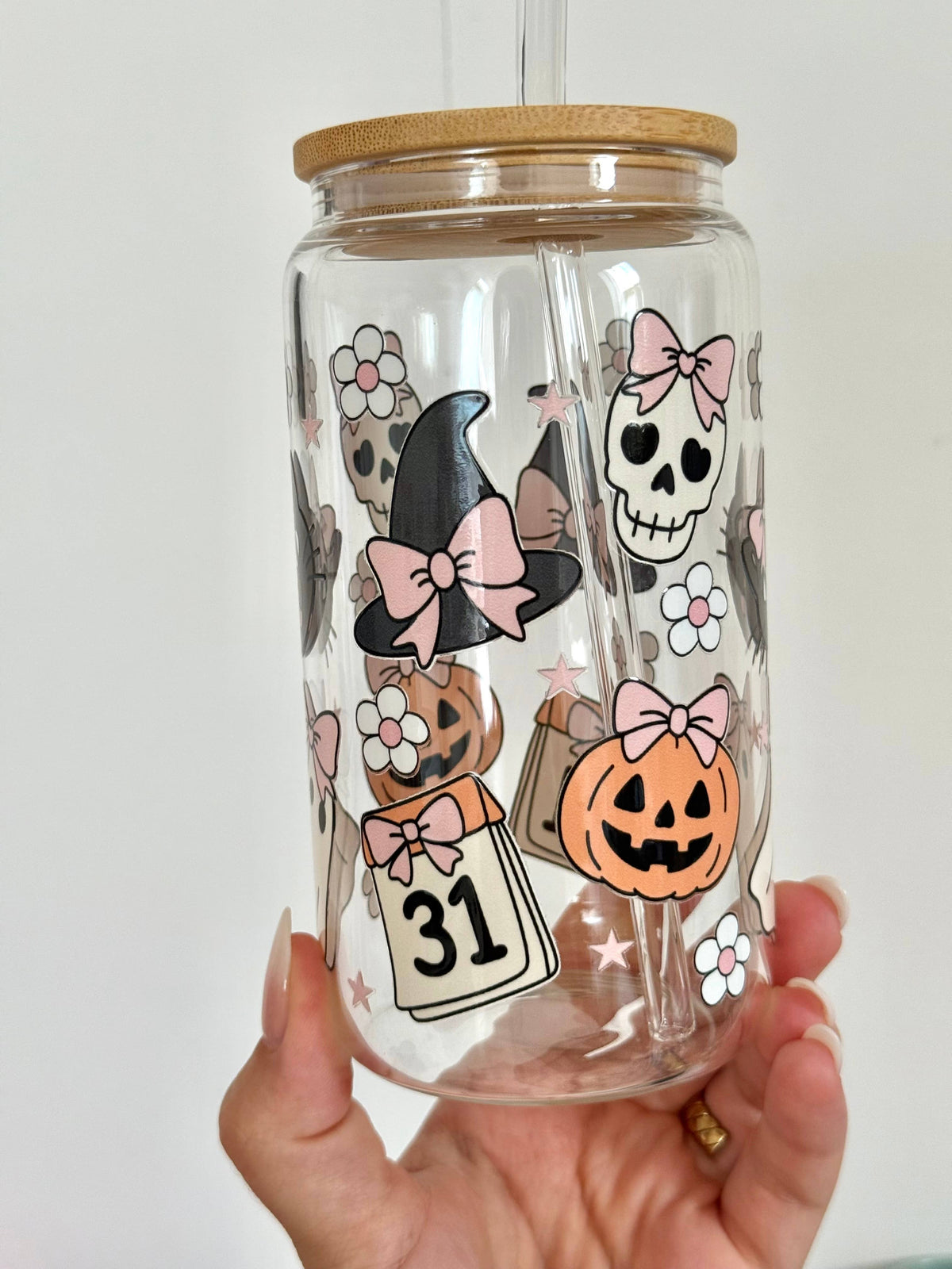 Cat & Ghosts Halloween Glass Cup Double-sided + Lid & Straw 7