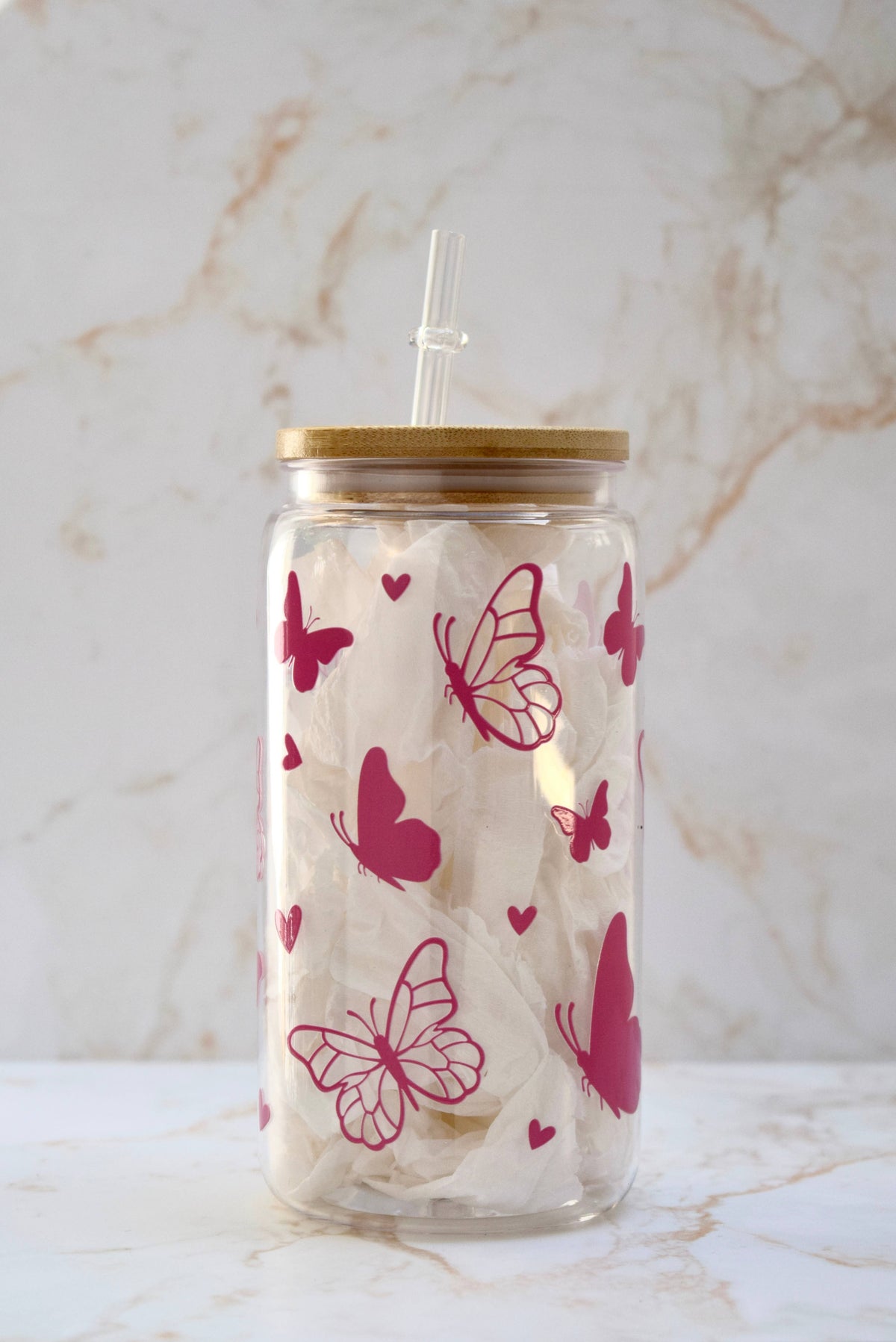 Plastic Cup Pink Butterflies Dishwasher Safe + Lid and Straw 2