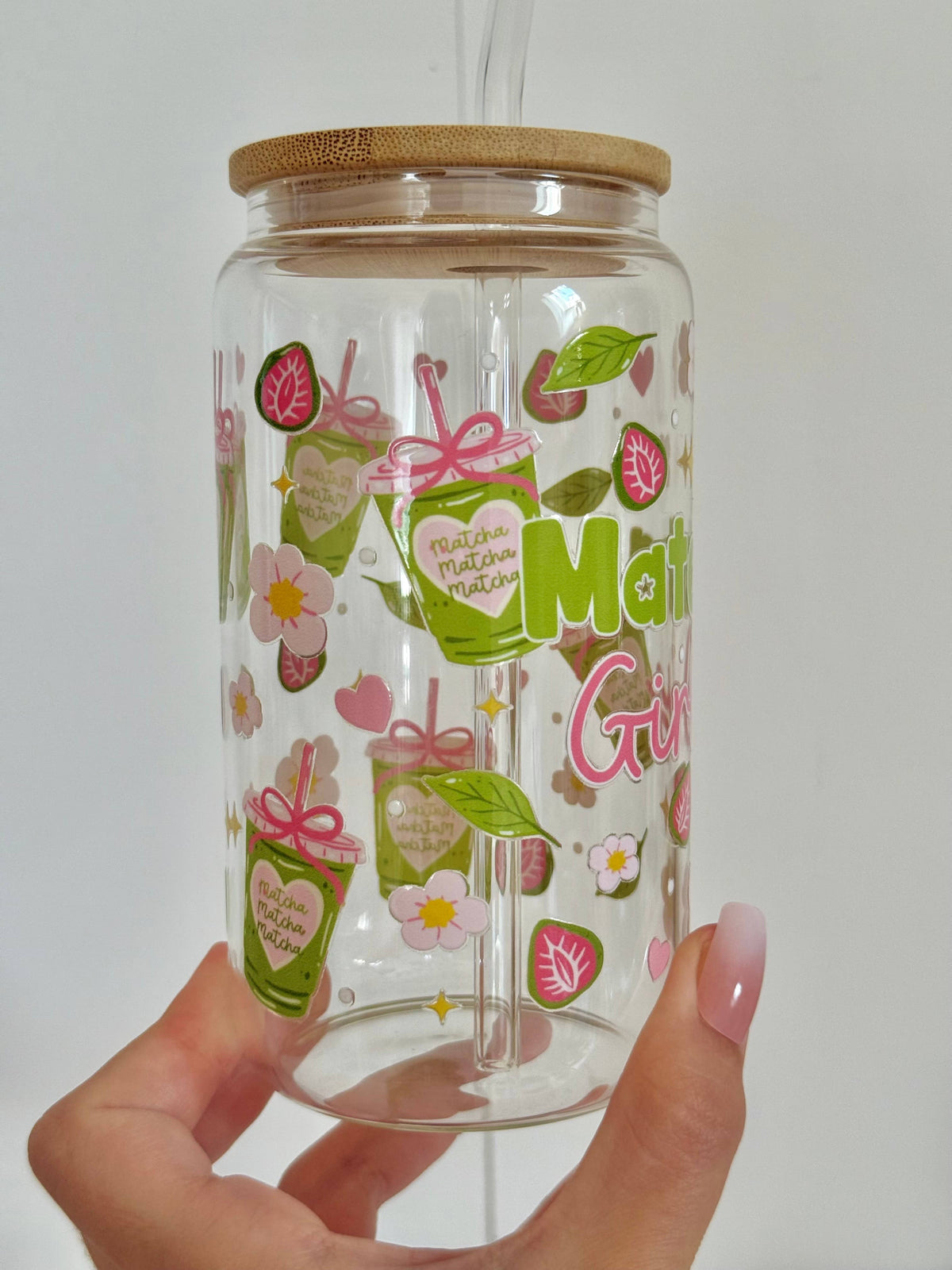 Matcha Girly Glass Tumbler Double Sided Print with Lid and Straw 4
